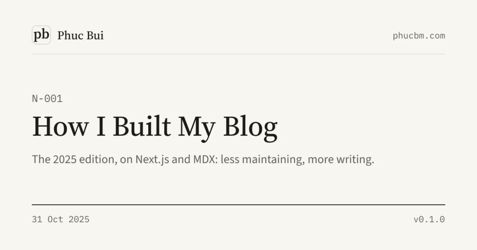This site's share card for a note: the title in serif on paper, the note's alias above it, the date and the site's version under a rule